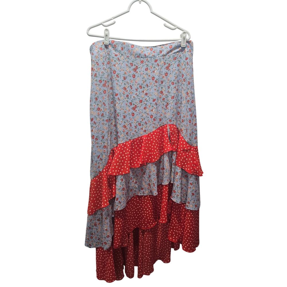 Y2K Boho Prairie Tiered Maxi Skirt Floral Polka Dot Patchwork XL